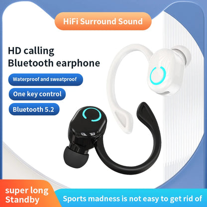A promotional image for VAORLO Bluetooth 5.2 Mini Headphone showcases sleek black and white designs, featuring HD calling, noise cancelling, waterproof, sweatproof, one-key control, HiFi surround sound, and extended standby time—ideal for your active lifestyle.
