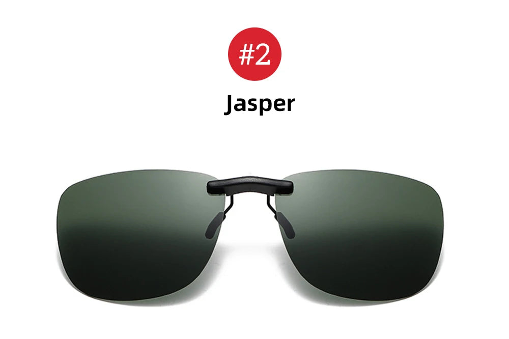 A sleek black frame and stylish dark green lenses describe the Polarized Clip-On Sunglasses with UV400 Anti-Glare Protection, featuring a red circle above with #2 inside and the text Jasper below.