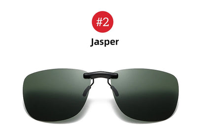 A sleek black frame and stylish dark green lenses describe the Polarized Clip-On Sunglasses with UV400 Anti-Glare Protection, featuring a red circle above with #2 inside and the text Jasper below.