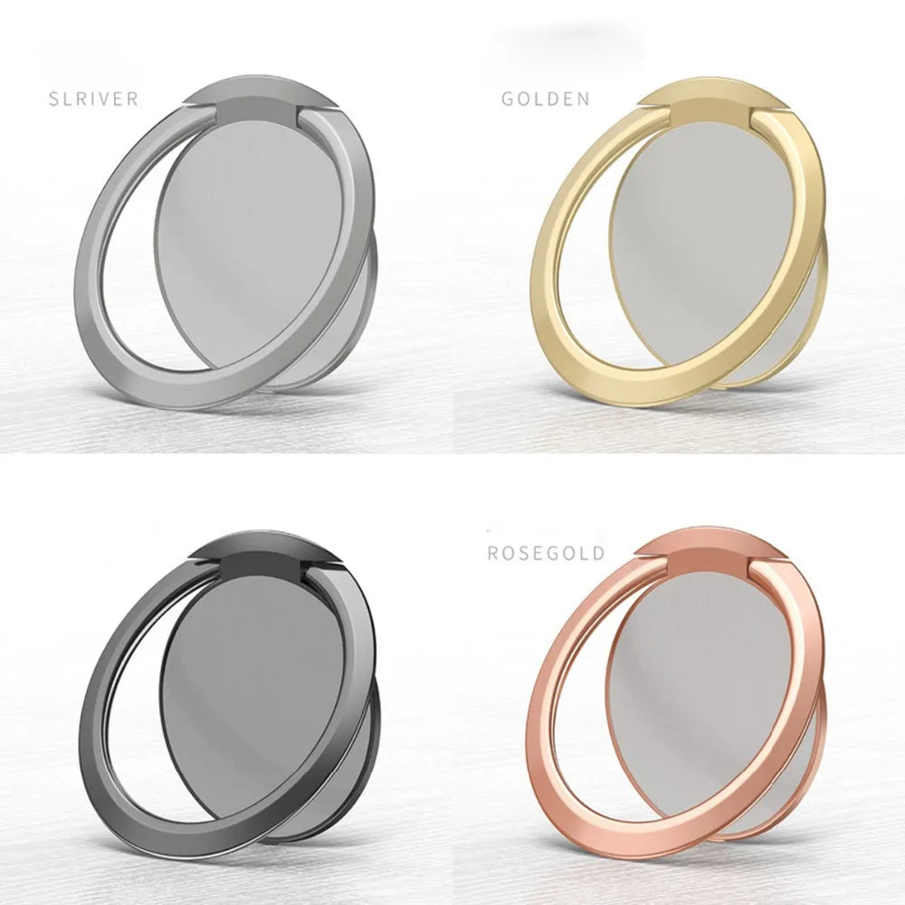The Luxury Metal 360° Rotation Mobile Phone Ring Holder is available in silver, gold, black, and rose gold. Each holder features a circular base with a fully rotatable ring and metallic surfaces that gleam stylishly against any background.