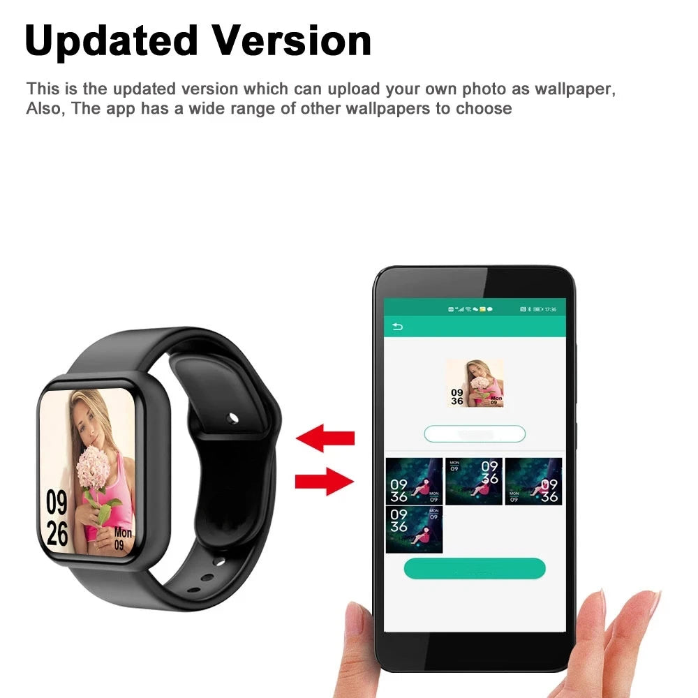 The Smart Watch for Men & Women - Bluetooth Fitness Tracker features a customizable display, including wallpapers like a woman holding flowers. It supports Bluetooth music control and allows you to update its capabilities on your smartphone screen.