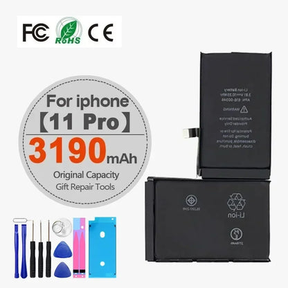 Image shows High Capacity iPhone Battery 4-11 Pro Max 1800mAh+ with tools, “Original Capacity” label, compatible with iPhone 4 to 11 Pro Max. FCC, RoHS, and CE certification logos displayed above.