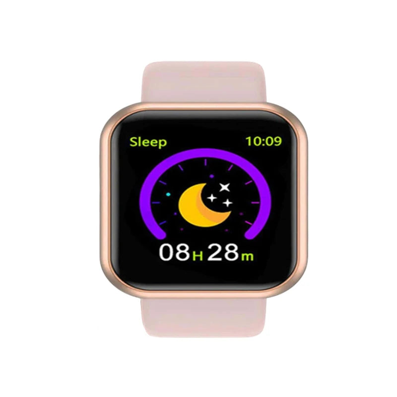 Smart Watch for Men & Women - Bluetooth Fitness Tracker featuring a pink strap displays sleep time. The screen shows Sleep at 10:09 with a crescent moon and stars. Sleep duration is 08 hours 28 minutes, depicted by a purple circular progress bar, plus Bluetooth Music Control for convenience.