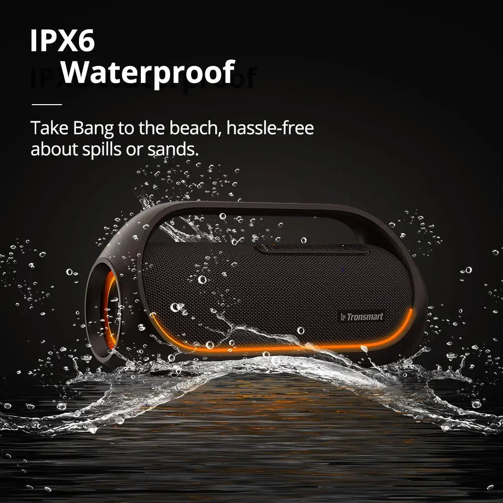 The Tronsmart Bang Speaker is splashing in water, showcasing its IPX6 waterproof rating. Enjoy hassle-free trips to the beach with this portable 60W Bluetooth speaker featuring a sleek design, orange accents, heavy bass, and app control for an immersive sound experience.