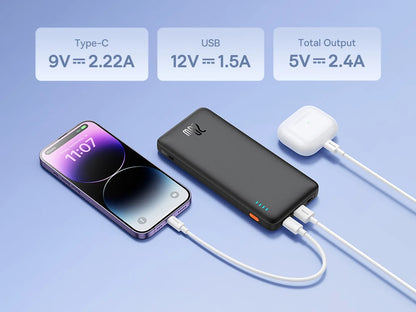 A smartphone and wireless earbud case connect to the Baseus Airpow 20W Power Bank via two cables. This 10000mAh fast charge portable charger has an LED indicator displaying charge levels and output details, including Type-C, USB, and total output, all on a blue surface.