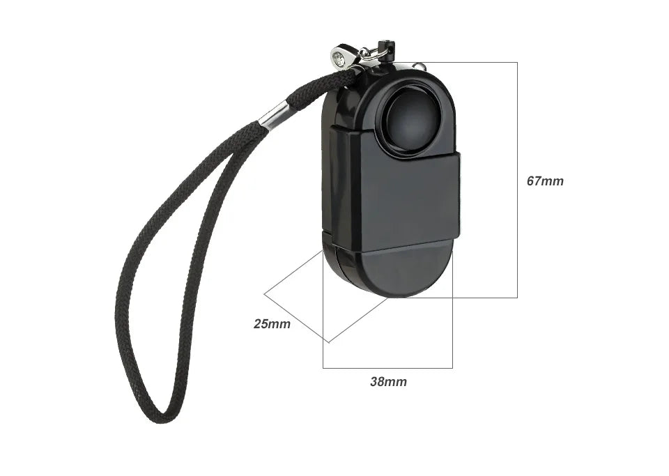 The KERUI Mini Motion Detector Alarm is a compact black handheld device (67mm x 38mm x 25mm) with a wrist strap, circular button, rectangular base, and a built-in 120DB siren for personal security in emergencies.