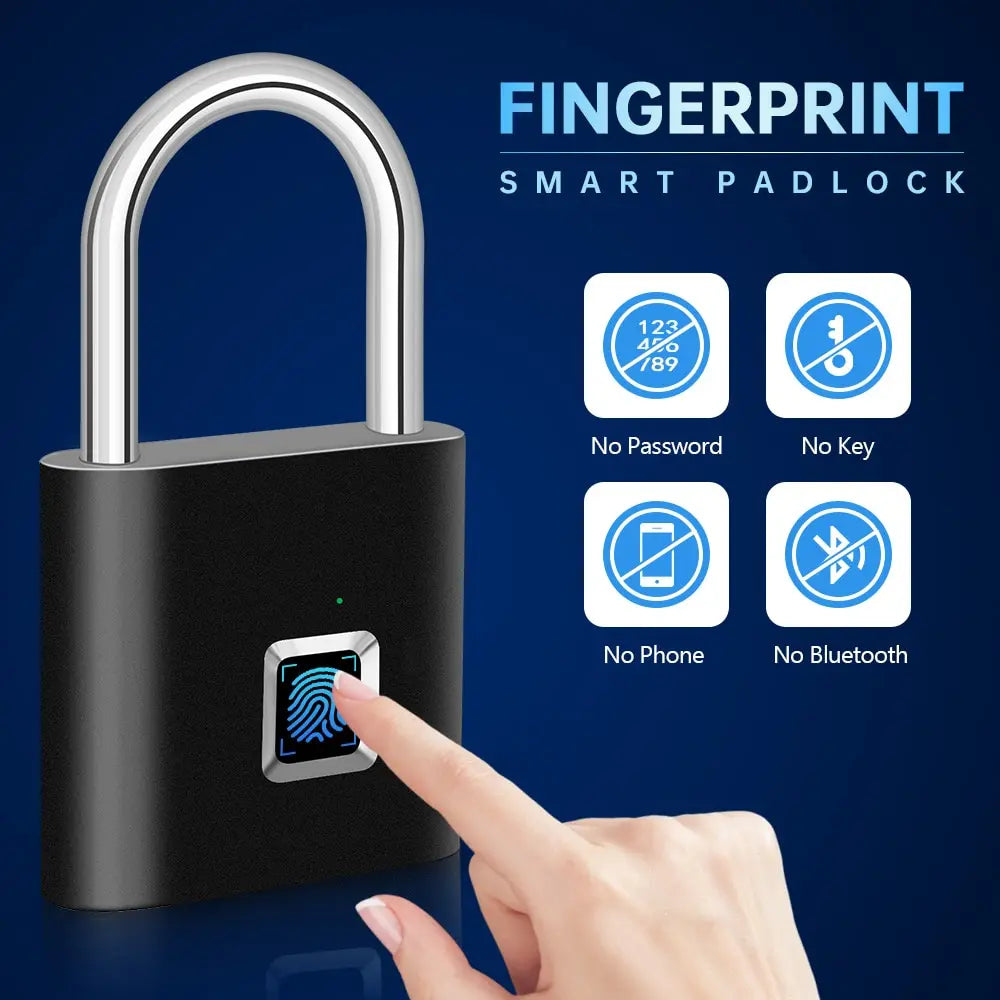Experience the future of security with the KERUI Keyless Fingerprint Padlock. This fast 0.2s waterproof unlock padlock leverages advanced fingerprint technology, eliminating the need for passwords, keys, phones, or Bluetooth while enhancing convenience and safety against a blue backdrop.