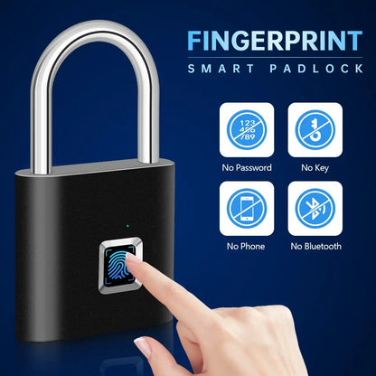 Experience the future of security with the KERUI Keyless Fingerprint Padlock. This fast 0.2s waterproof unlock padlock leverages advanced fingerprint technology, eliminating the need for passwords, keys, phones, or Bluetooth while enhancing convenience and safety against a blue backdrop.