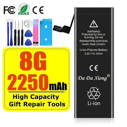 Image displays a High Capacity iPhone Battery 4-11 Pro Max 1800mAh+ with Da Da Xiong label, included gift repair tools, and CE/FCC/RoHS certifications—highlighting safe, extended battery life.