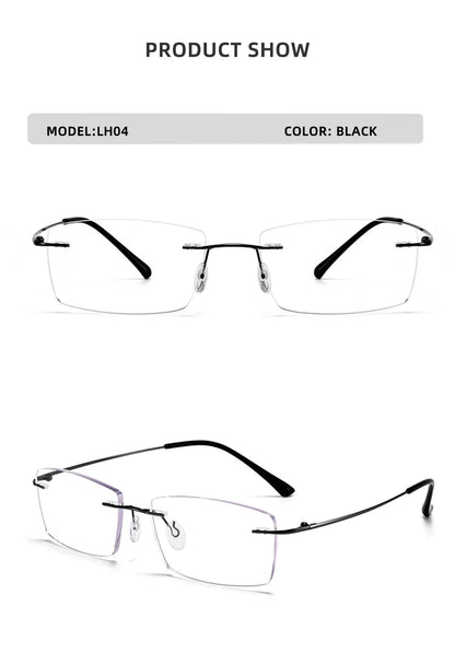 Two views of the YINSQER Titanium Rimless Reading Glasses with black temples are displayed. Known for its sleek design, the LH04 model offers style in black with Scratch-Resistant lenses for added durability and blue light blocking.
