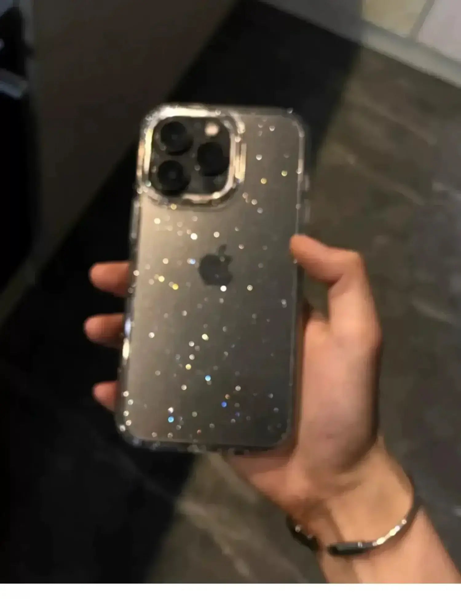 Luxury bling glitter clear phone case for iPhone Pro Max, featuring an elegant, transparent design with anti-scratch protection.