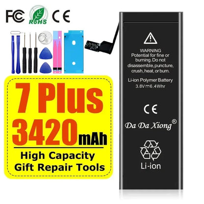 The High Capacity iPhone Battery 4-11 Pro Max 1800mAh+ kit extends battery life, includes repair tools and a warning label, and is compatible with iPhone models 4 to 11 Pro Max. Certification logos are featured.