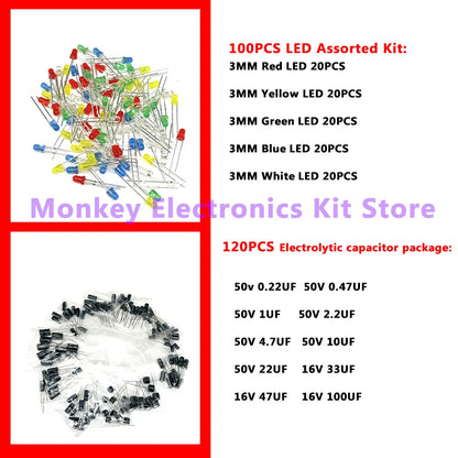 Image of the NoEnName_Null 6-in-1 Component Kit for Mobile Repairs from Monkey Electronics Kit Store with 100 3mm LEDs in red, yellow, green, blue, and white + 120 assorted electrolytic capacitors. Ideal for DIY mobile repairs.