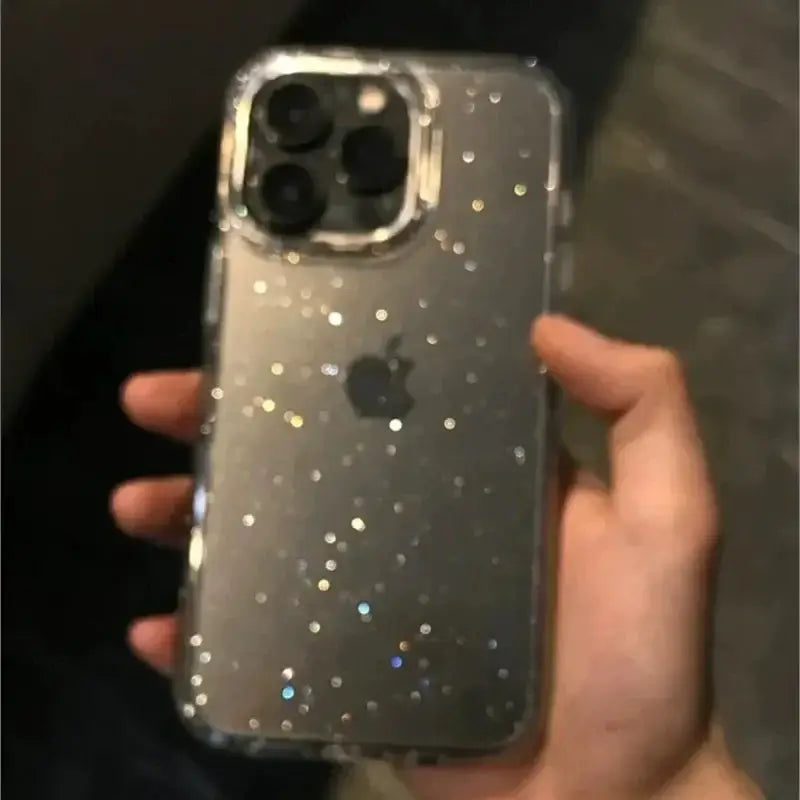 Luxury Bling Glitter Clear Phone Case for iPhone Pro Max in hand, showing stylish design and protection.