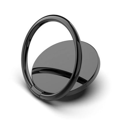 The Luxury Metal 360° Rotation Mobile Phone Ring Holder stands upright, its sleek black circular design reflecting light off its glossy finish against a plain white background.