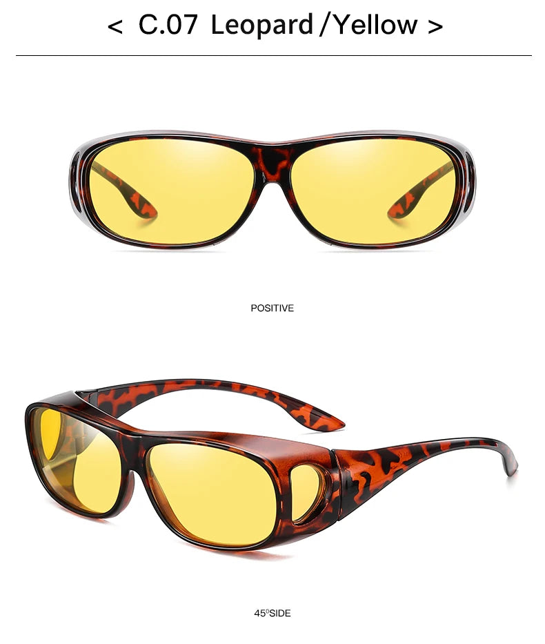 The MOKDUFF Polarized Sunglasses feature leopard-patterned frames and yellow-tinted lenses with UV400 protection. The sleek design, shown in an image labeled Positive front view and 45° Side angle, frames your face perfectly while offering remarkable polarized sun protection.