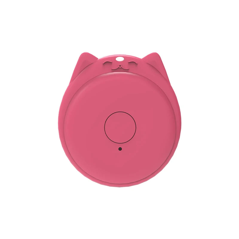 The Seamopar Mini GPS Tracker is a pink, round Bluetooth Key Finder with cat ears and a central button, doubling as an Anti-Lost device. It has a tiny indicator light below the button and a hole above it, resembling a cats face for charm and practicality.