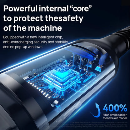 Close-up of a futuristic USB-C 100W Fast Charging Cable with LED display, highlighting its powerful core for safety, intelligent chip, anti-overcharging security, smart auto power-off, and capability to charge 400% faster than the old model.