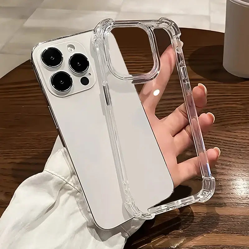 Luxury shockproof clear phone case for iPhone 16-11 Pro Max highlighting anti-scratch and anti-fingerprint features
