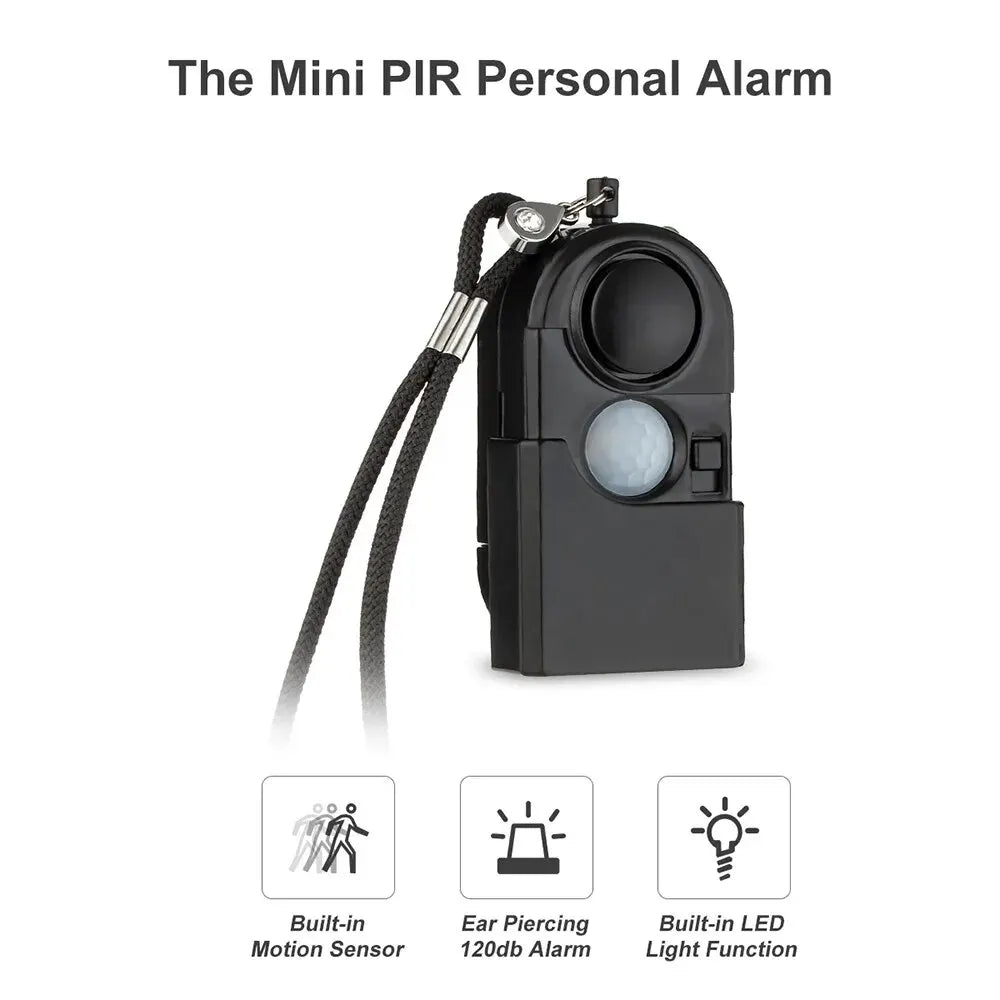 The KERUI Mini Motion Detector Alarm - 120DB Siren is shown in black with a lanyard, featuring a motion sensor, 120DB siren, and built-in LED light—icons below highlight its personal security functions.