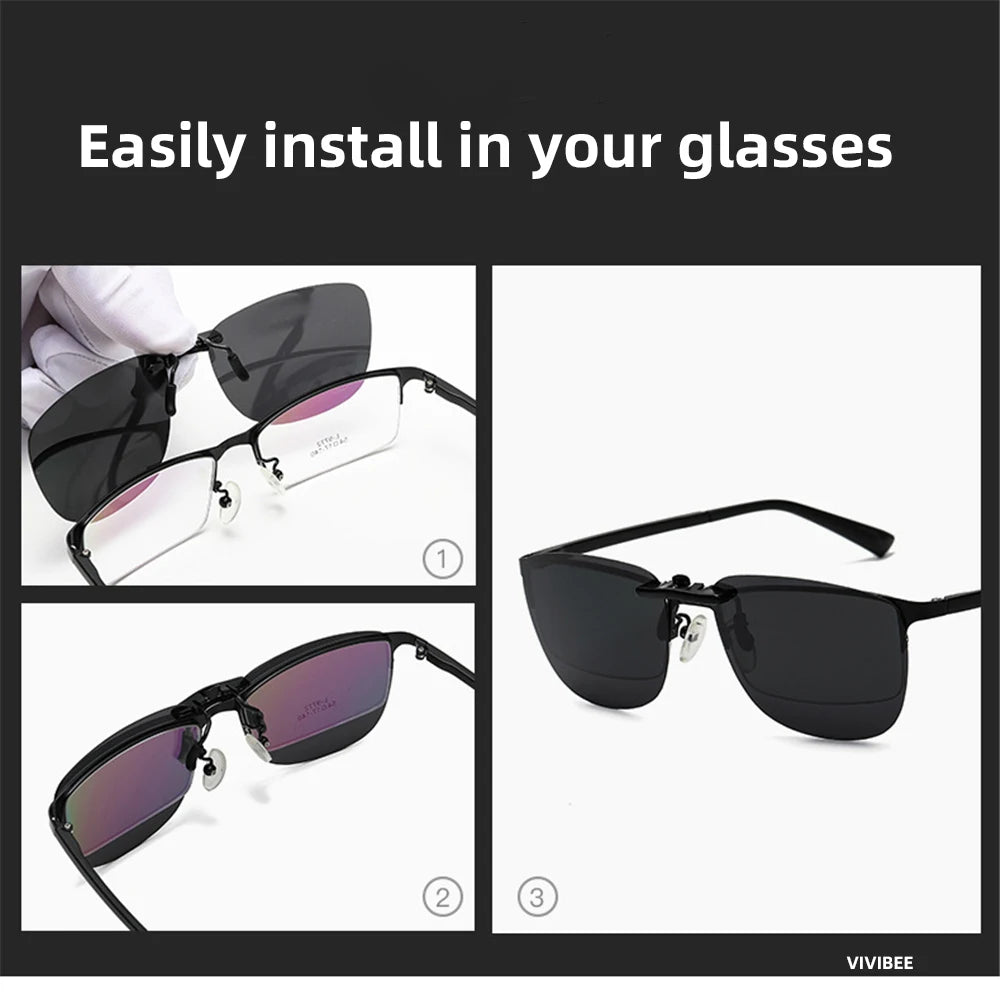 Three-panel image showing how to install Polarized Clip-On Sunglasses - UV400 Anti-Glare Protection: Panel 1: Align clip-on above eyeglasses. Panel 2: Attach for UV400 coverage. Panel 3: Enjoy a finished look with anti-glare benefits. Text at top: Easily upgrade your glasses for enhanced clarity and safety.