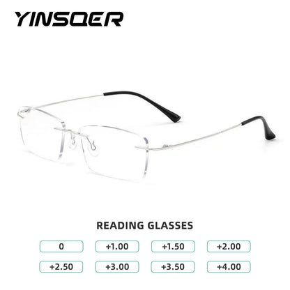 Image of YINSQER Titanium Rimless Reading Glasses with sleek wire rims, available in magnifications from 0 to +4.00, featuring scratch-resistant lenses and blue light blocking.