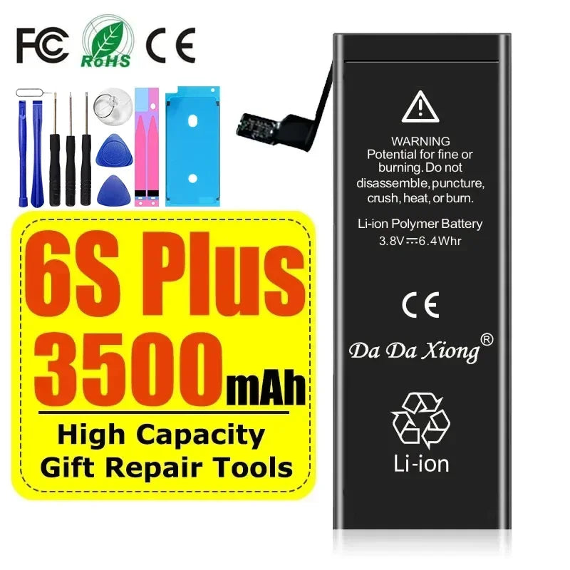 A smartphone battery image details specs with a yellow box highlighting the 6S Plus High Capacity Battery (3500 mAh) and Gift Repair Tools. Above, tools like screwdrivers suggest extended life for iPhone models 4-11 Pro Max. Product: High Capacity iPhone Battery 4-11 Pro Max, 1800mAh+.