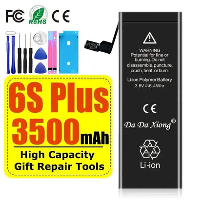 A smartphone battery image details specs with a yellow box highlighting the 6S Plus High Capacity Battery (3500 mAh) and Gift Repair Tools. Above, tools like screwdrivers suggest extended life for iPhone models 4-11 Pro Max. Product: High Capacity iPhone Battery 4-11 Pro Max, 1800mAh+.