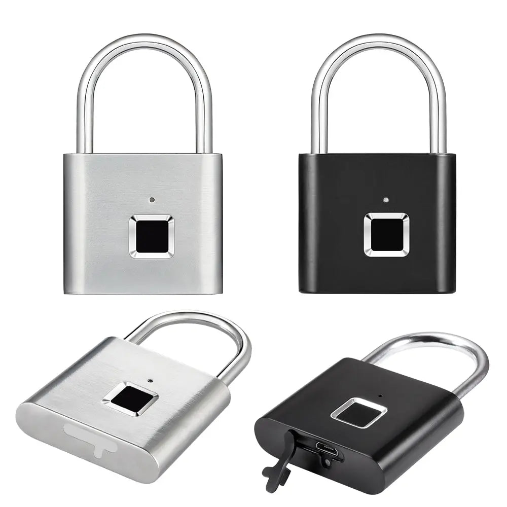 Displayed are four KERUI Keyless Fingerprint Padlocks—two silver and two black. Featuring advanced fingerprint scanners, one black lock is angled to show a key, while a silver one highlights its charging port, offering both security and convenience with fast 0.2s waterproof unlock technology.