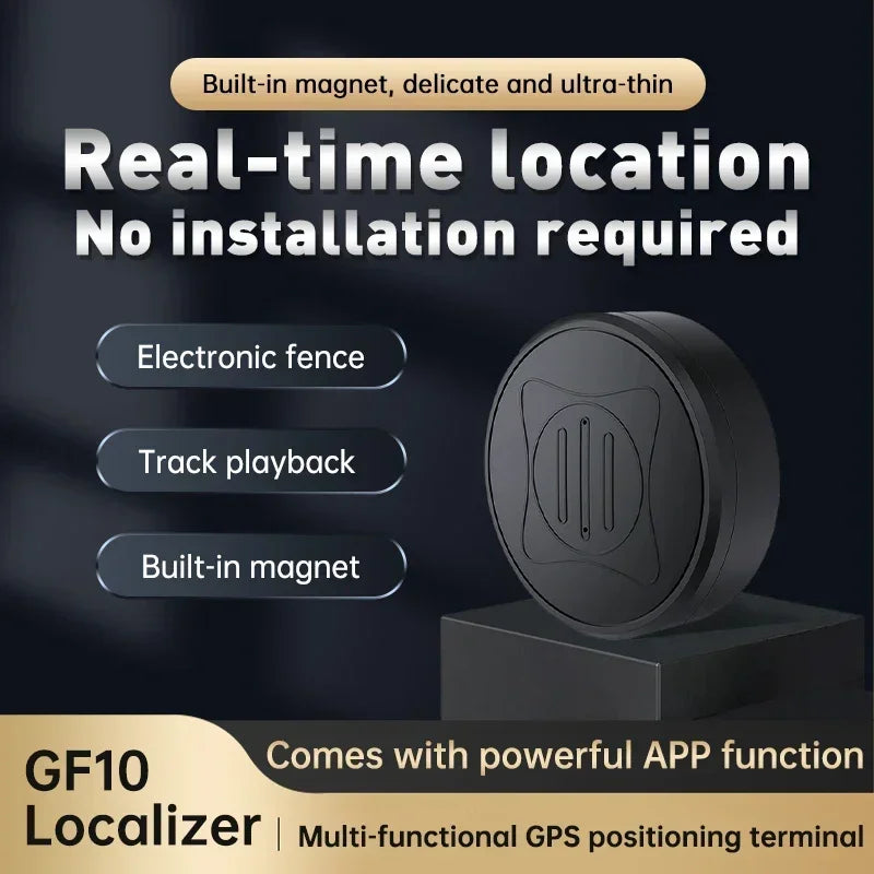 A promotional image for the Mini Magnetic GPS Tracker: Real-Time Pet Locator showcases precise positioning, real-time tracking, no installation, electronic fence, route playback, built-in magnet, and a compact black design.