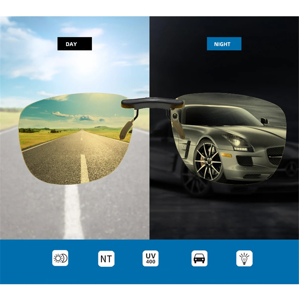 Split image of Polarized Clip-On Sunglasses: clear road view by day on left lens, car at night on right. Labeled day and night above; icons for sun, moon, UV400 Protection, and car below. Experience clarity with our UV400 Anti-Glare protection.