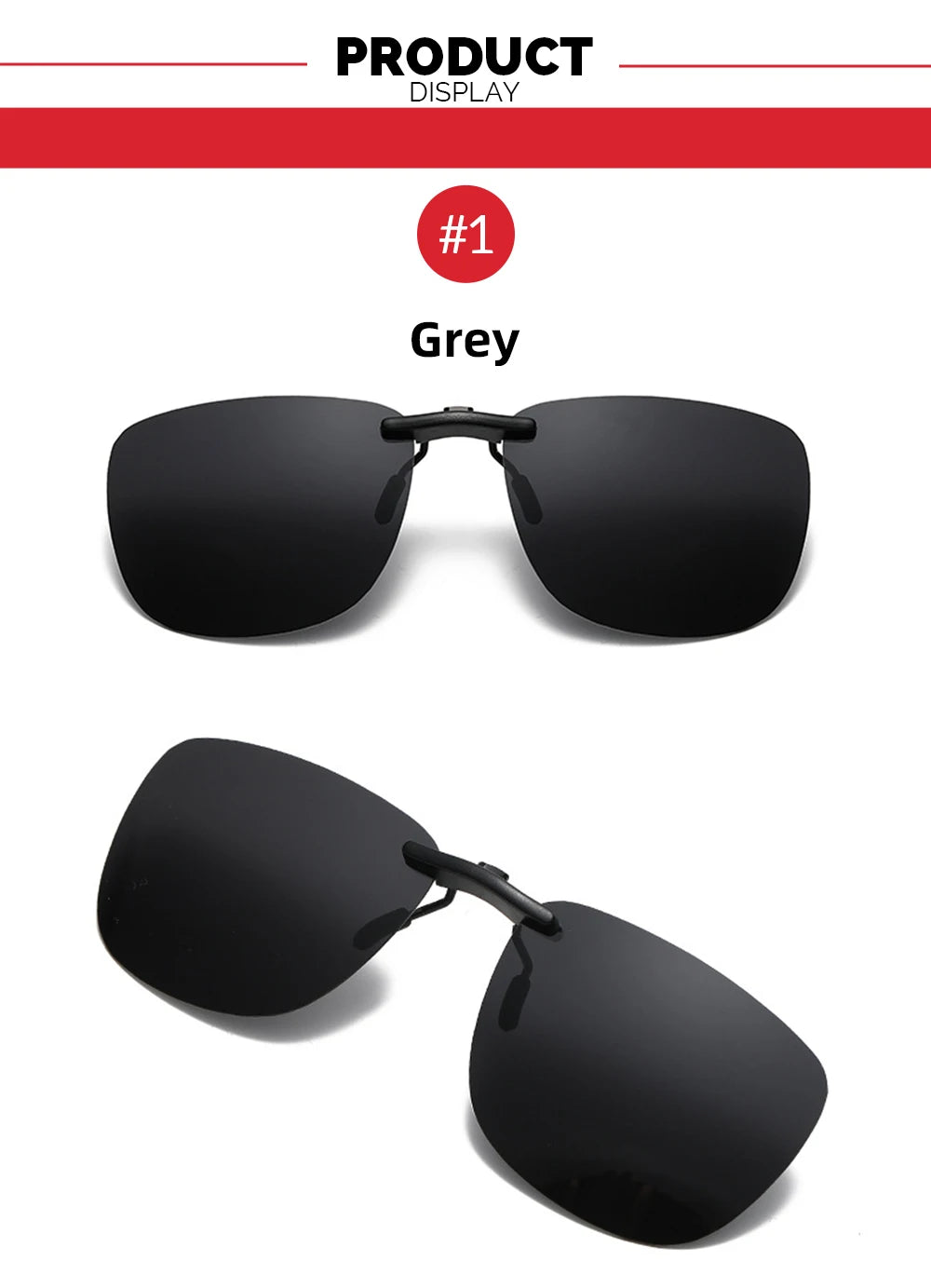 Image showing two views of a pair of Polarized Clip-On Sunglasses in grey, featuring UV400 anti-glare protection. The rimless lenses are slightly tinted and connected by a sleek black bridge, labeled #1 Grey for ultimate eye comfort.