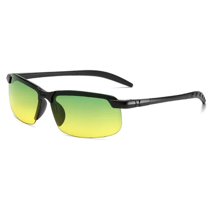 The HARKO Polarized Night Vision Cycling Sunglasses feature sleek black frames with yellow-to-green-tinted half-rim lenses. Ideal for outdoor adventures, they come with subtle arm detailing near the hinges.