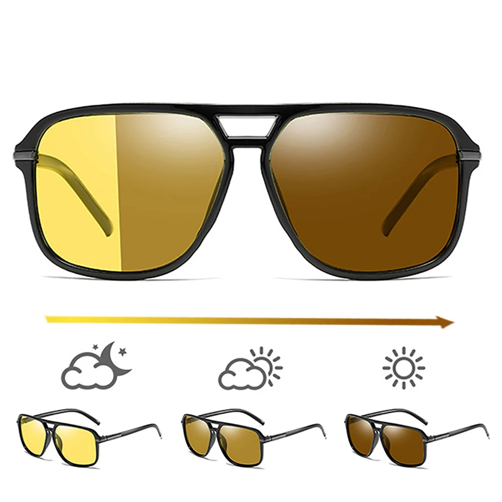 The VIVIBEE Mens Polarized Night Vision Glasses are shown on a white background, featuring lenses that transition from light yellow to dark brown, ideal for night driving. Three smaller images display these stylish glasses in cloudy, partly sunny, and sunny lighting conditions.