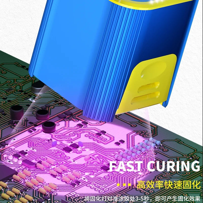 A close-up of a circuit board shows a blue and yellow device, the Mechanic L1 UV Curing Lamp - Quick Phone Repair, emitting purple light to treat the board. The words Fast Curing are displayed in English and Chinese on the right side.