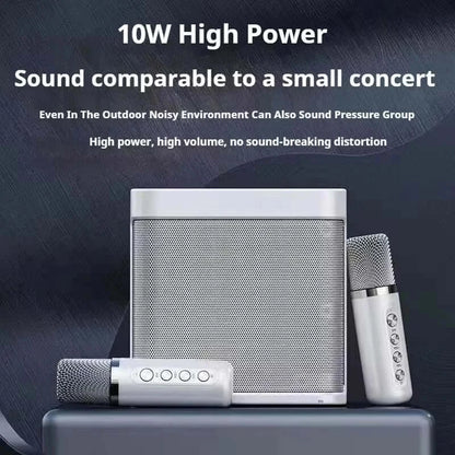 Image of the Portable Dual Microphone Bluetooth Karaoke Machine for Parties showcases features: 10W High Power and concert-like sound quality. Delivers impressive sound pressure even outdoors, ensuring high power and volume with no distortion.
