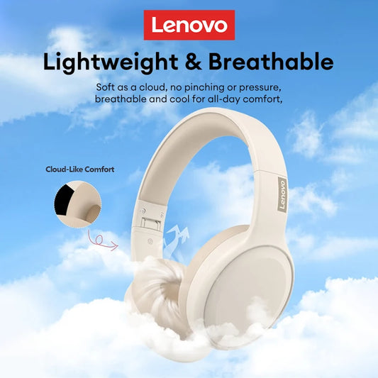 An image shows Lenovo TH30 Wireless Headphones in beige set against a cloudy sky. Features include Lightweight & Breathable for comfort, Bluetooth 5.3 connectivity, and noise-cancelling technology. The headphones are highlighted as soft as a cloud with Lenovo branding visible.