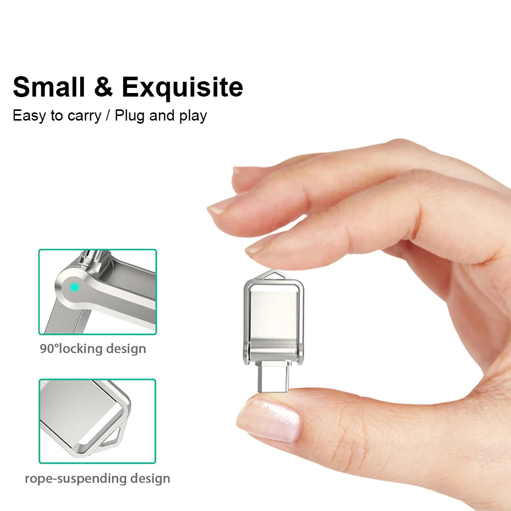 The image shows a hand holding the MicroDrive Mini USB 2.0 Flash Drive, featuring a sleek design and 90° locking with rope-suspending convenience. Text reads: Small & Exquisite, Easy to carry / Plug and play. Available in 64GB & 32GB options.
