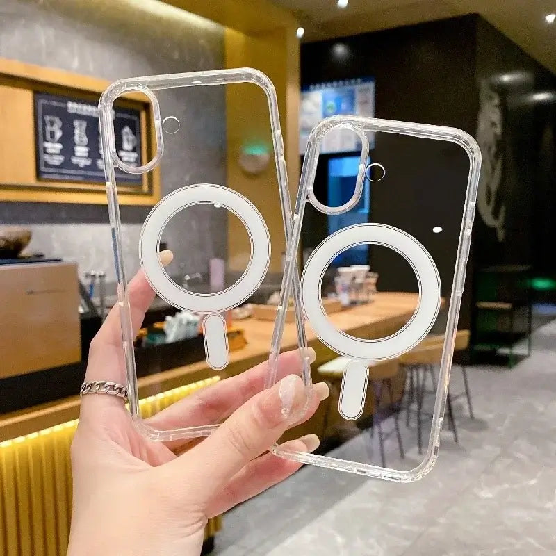 Transparent PC phone case with MagSafe wireless charging compatibility held in hand