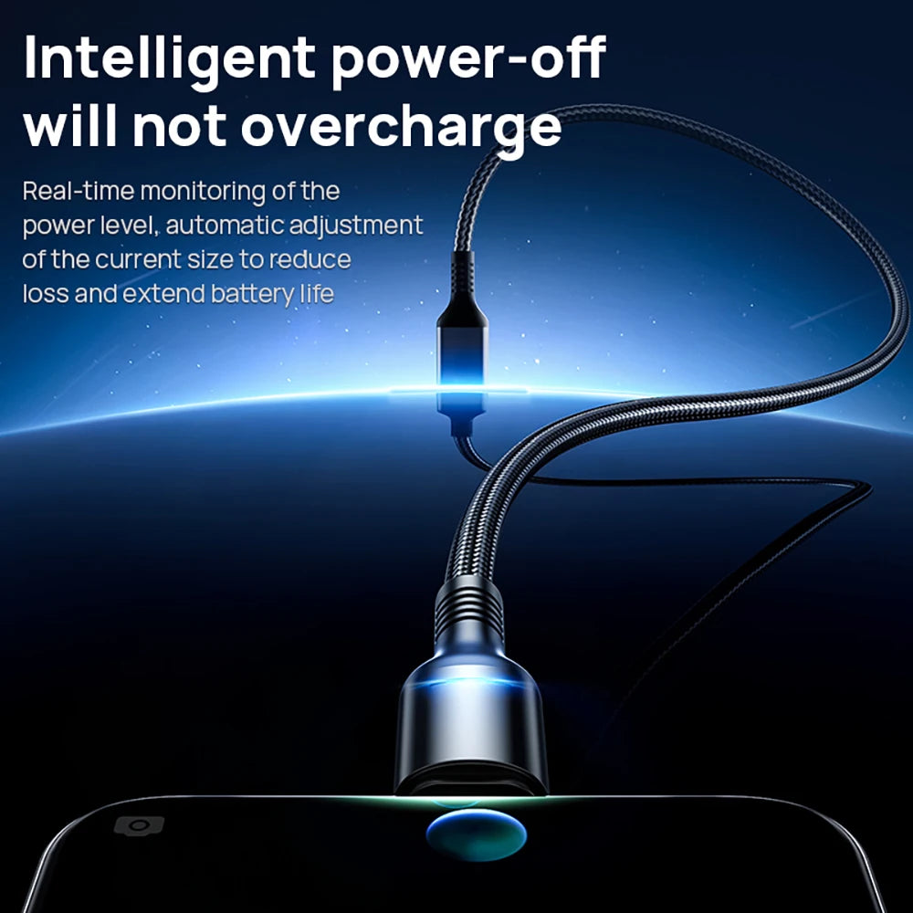 The USB-C 100W Fast Charging Cable With LED Display connects to a device and uses its Smart Auto Power-Off feature to prevent overcharging. Its LED emits a blue glow in the dark, enhancing your charging experience with an intelligent touch.