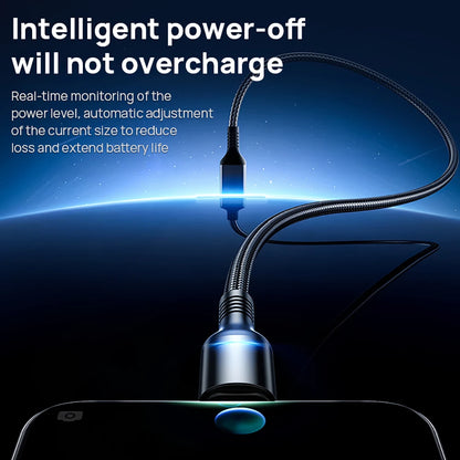 The USB-C 100W Fast Charging Cable With LED Display connects to a device and uses its Smart Auto Power-Off feature to prevent overcharging. Its LED emits a blue glow in the dark, enhancing your charging experience with an intelligent touch.