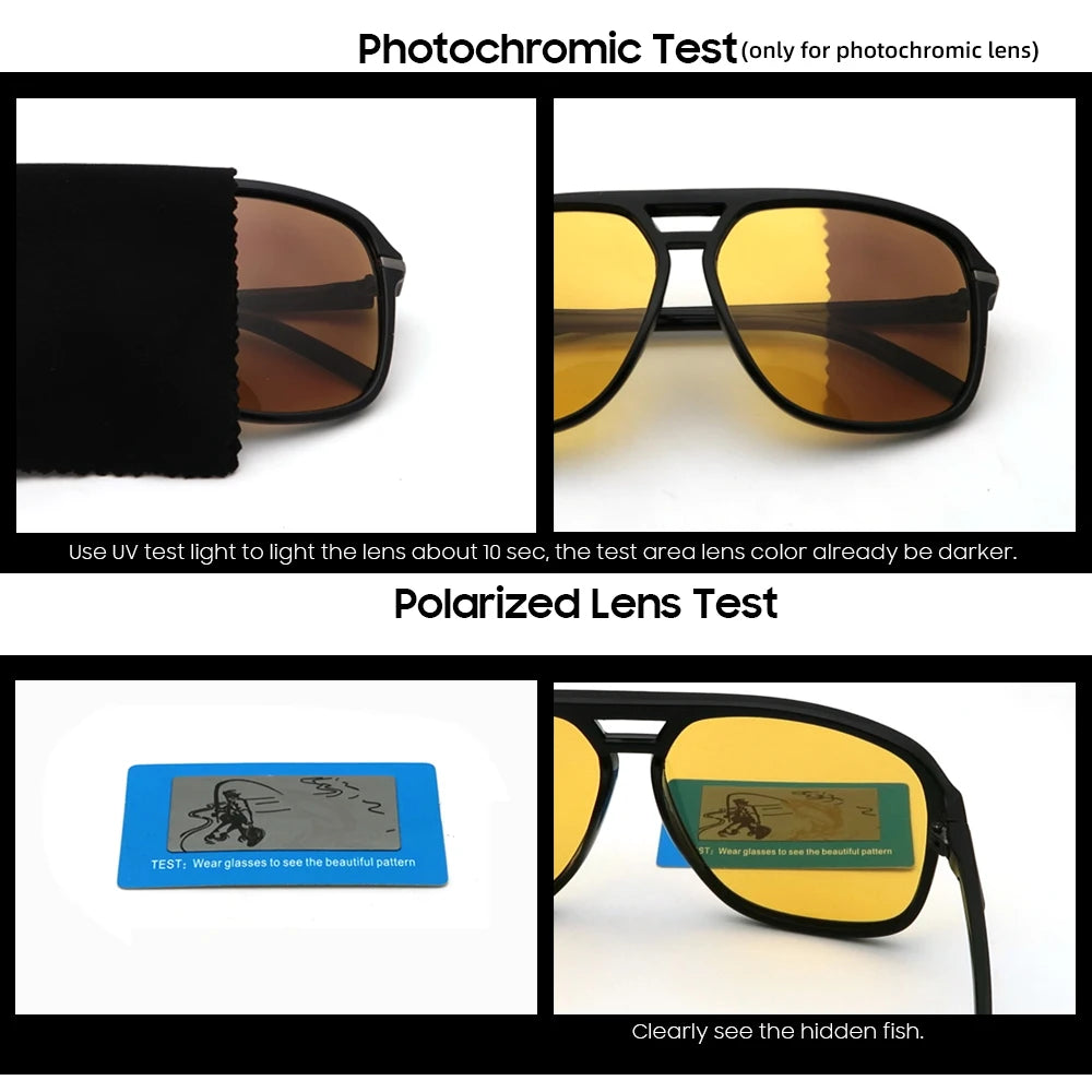 A photo showcases VIVIBEE Mens Polarized Night Vision Glasses in a photochromic and polarized lens test. The top image shows darkened lenses, while the bottom reveals a hidden fish pattern on a blue card, ideal for enhancing nighttime fishing experiences.