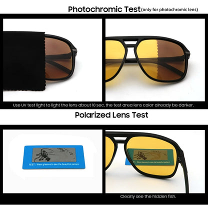A photo showcases VIVIBEE Mens Polarized Night Vision Glasses in a photochromic and polarized lens test. The top image shows darkened lenses, while the bottom reveals a hidden fish pattern on a blue card, ideal for enhancing nighttime fishing experiences.