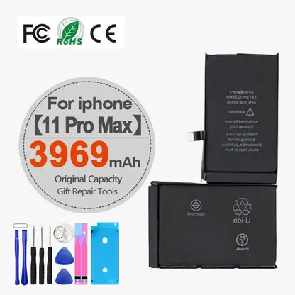 Image of High Capacity iPhone Battery 4-11 Pro Max 1800mAh+ with certification icons and blue/silver repair tools shown below, designed for extended battery life.