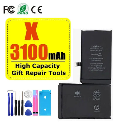 Image shows the High Capacity iPhone Battery 4-11 Pro Max 1800mAh+, surrounded by small repair tools. Certification logos appear at the top left, emphasizing extended battery life.