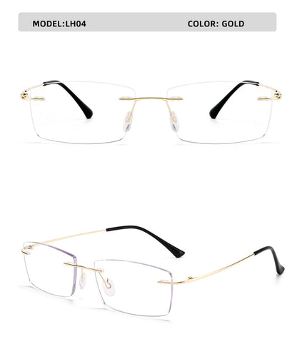 Two images of gold-rimmed, rectangular YINSQER Titanium Rimless Reading Glasses, featuring transparent, scratch-resistant lenses and black temple tips. The top view shows the front; the bottom view displays a side angle. Model LH04 Gold with blue light blocking for eye comfort.