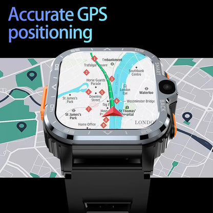 The Valdus PGD Smart Watch for Men - 4G features a detailed city map display with landmarks and GPS markers. It showcases accurate GPS positioning in the top left corner, offering an immersive experience, complete with a zoomed-in view of a river and surrounding roads.