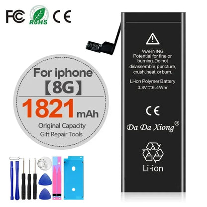Image of High Capacity iPhone Battery 4-11 Pro Max 1800mAh+, featuring extended battery life, blue and purple repair tools, warning text, and FCC, RoHS, and CE certification logos. Compatible with iPhone models 4-11 Pro Max.