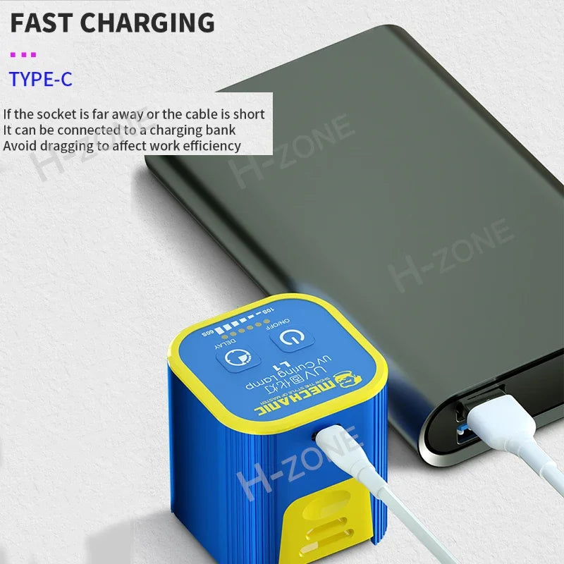 A Mechanic L1 UV Curing Lamp sits near a universal plug adapter in blue and yellow, perfect for phone repairs. Fast Charging Type-C text is highlighted, with instructions to use a charging bank when sockets or cables are out of reach.