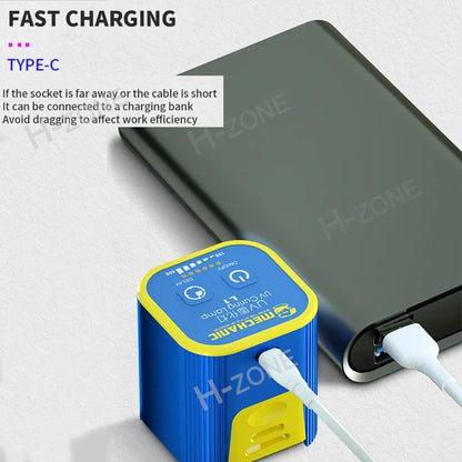A Mechanic L1 UV Curing Lamp sits near a universal plug adapter in blue and yellow, perfect for phone repairs. Fast Charging Type-C text is highlighted, with instructions to use a charging bank when sockets or cables are out of reach.